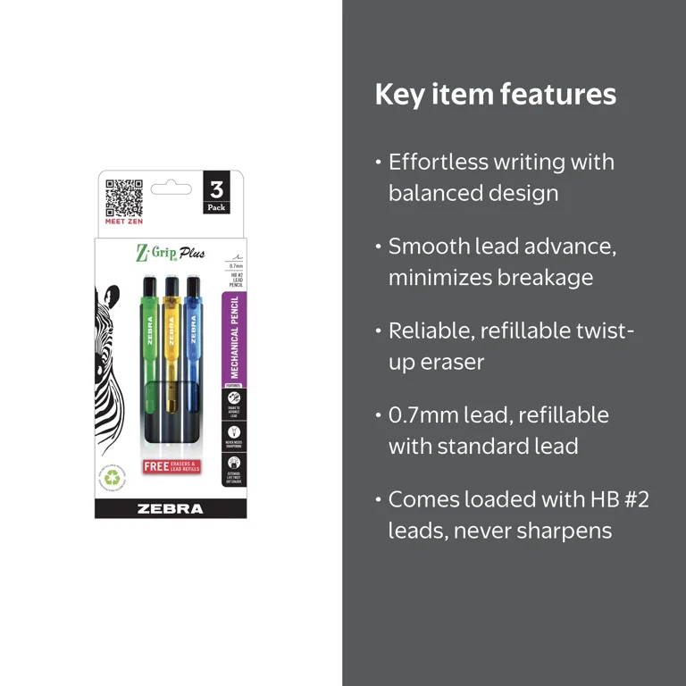 Zebra Pen, Z-Grip Plus Mechanical Pencil, 0.7mm, Black, 3pk