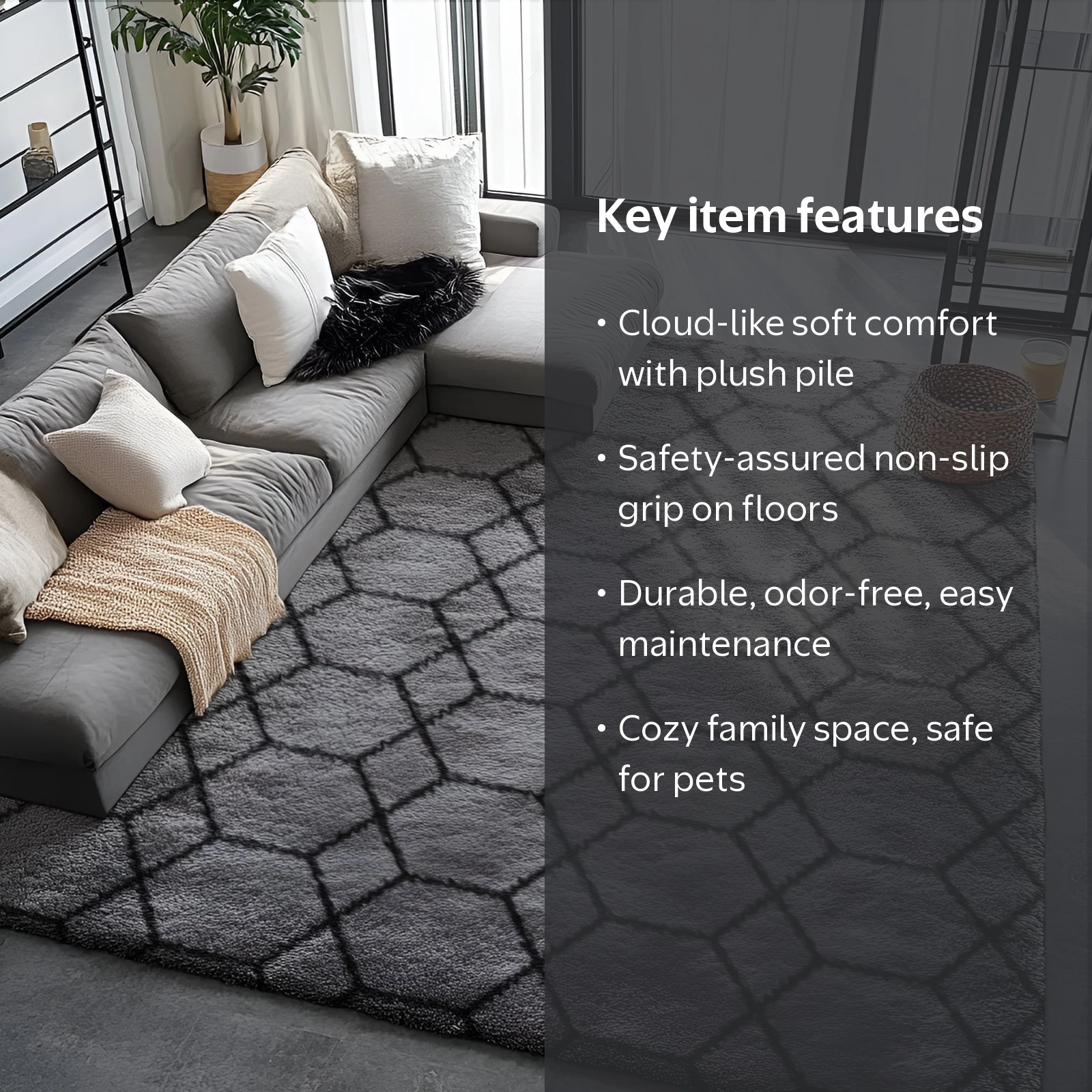 Pentantan 5'x8' Shag Area Rug, Black and Gray, Ultra-Soft, Non