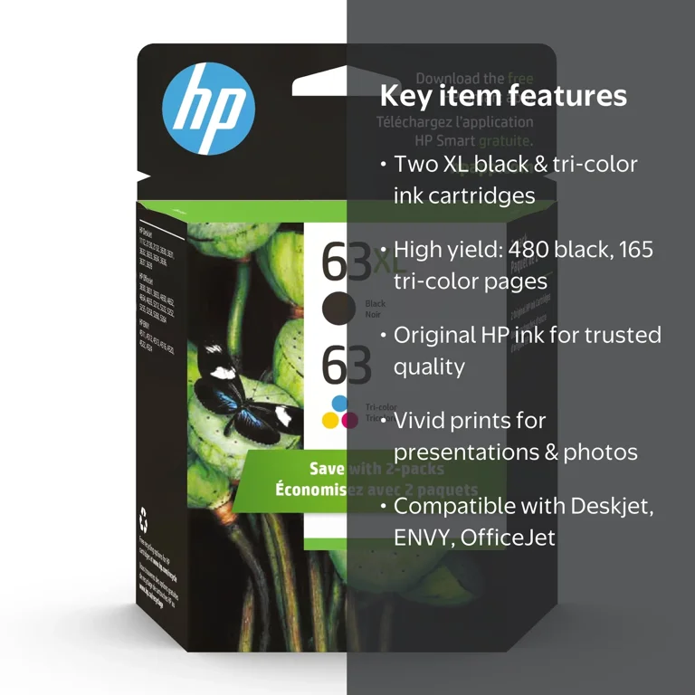HP 63XL/63 High-Yield Black and Tri-Color Ink Cartridges 2-Pack
