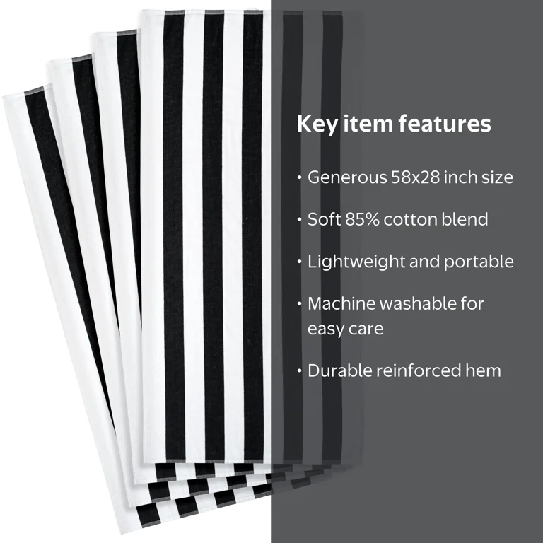 Mainstays Cabana Stripe Beach Towels, 4 Pack, 58 in x 28 in, Black