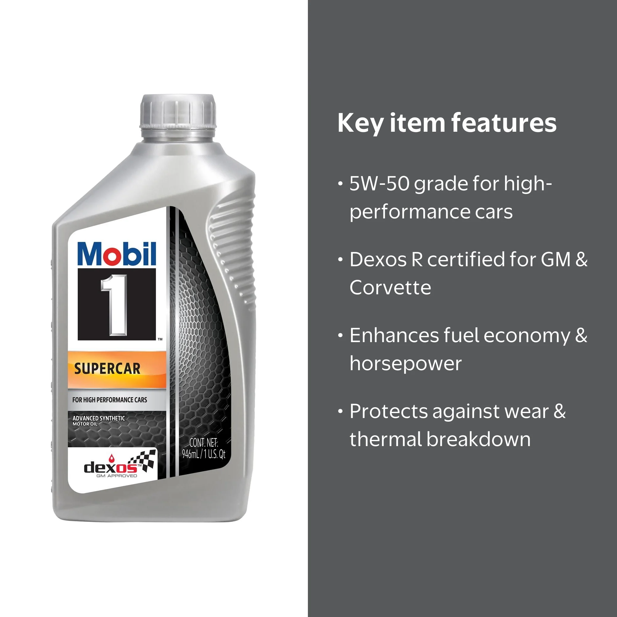 Mobil 1 Supercar Full Synthetic Motor Oil, 5W-50, Dexos R, 1 Qt