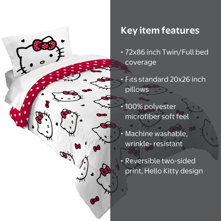 Hello Kitty Kids 2 Piece Red White Reversible Comforter and Hello Kitty Kids 2 Piece Red White Reversible Comforter and