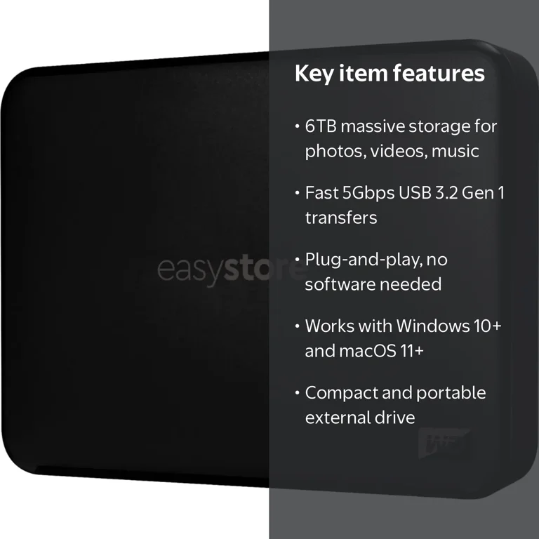 WD Easystore 6TB Portable External Hard Drive, USB 3.2 Gen 1, Plug