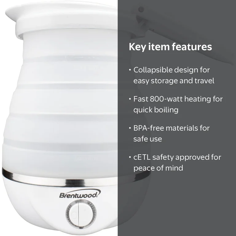 Brentwood .85-Quart Dual-Voltage Collapsible Travel Kettle, White