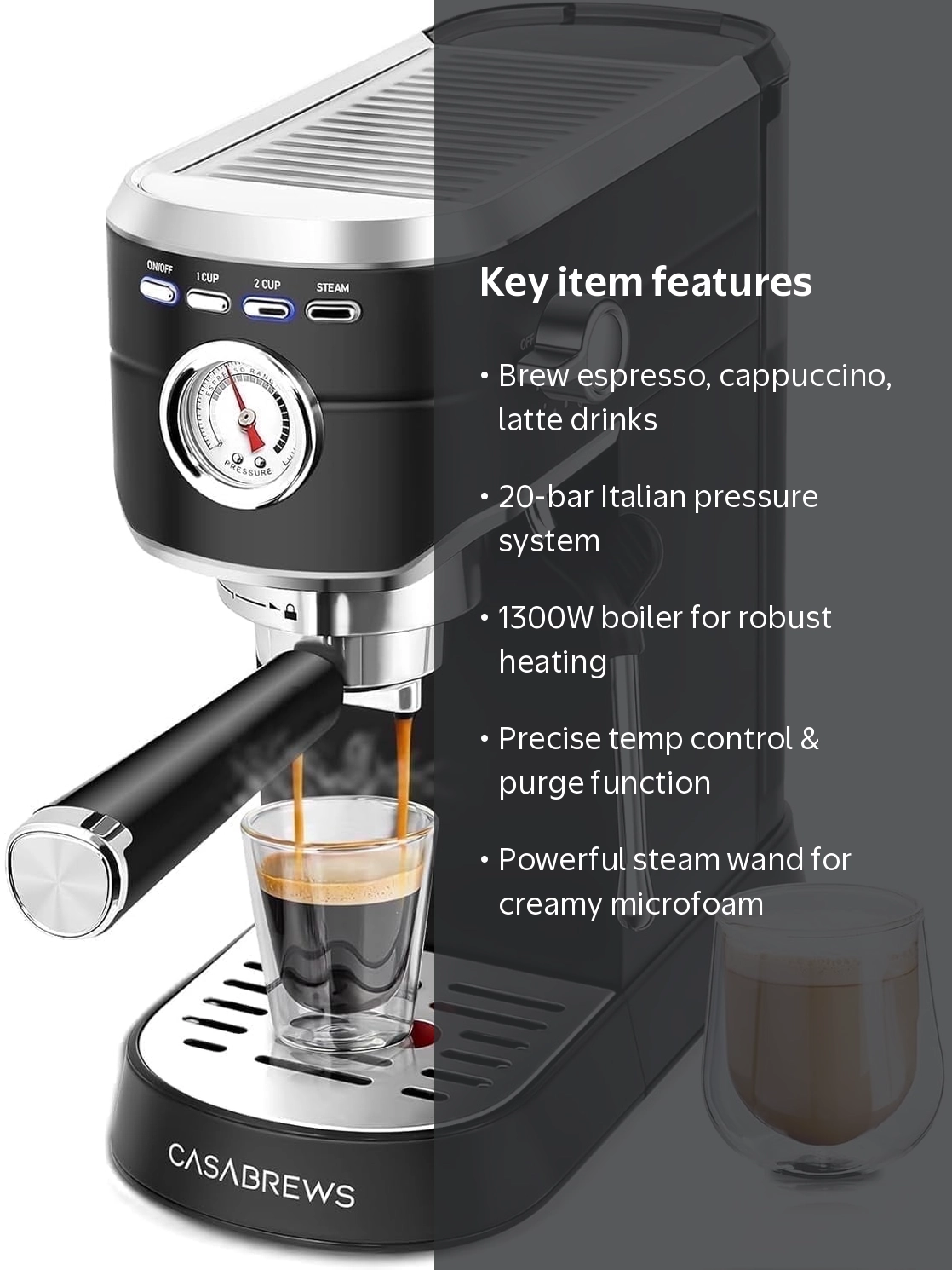 Casabrews Auto 20 Bar Espresso Maker with Milk Frother, Stainless