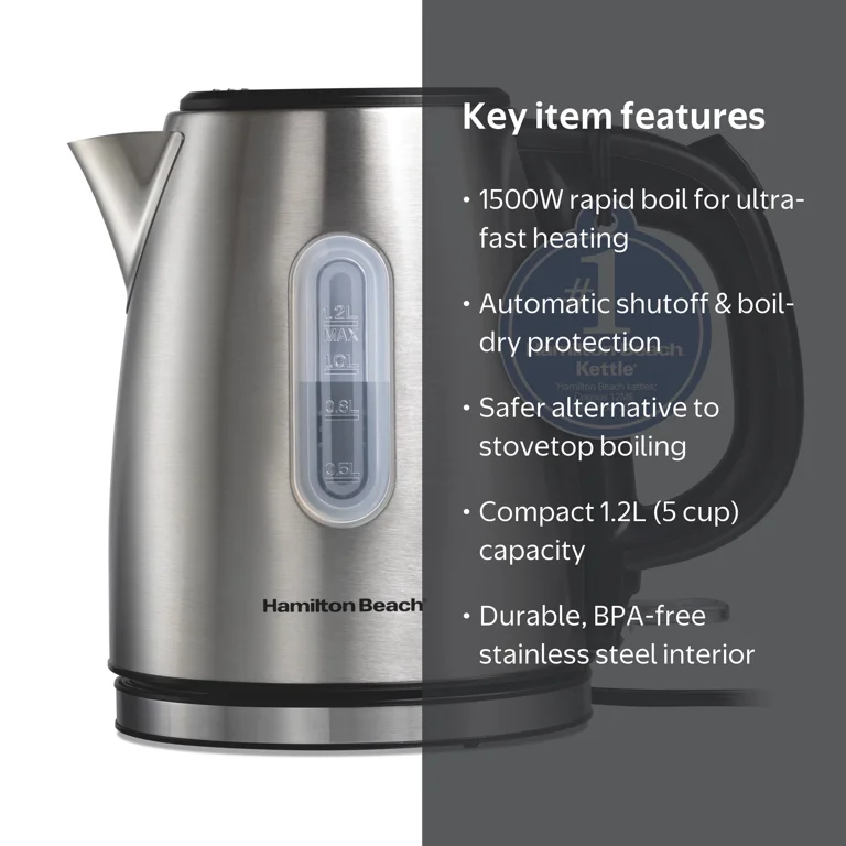 Hamilton Beach 1.2L Electric Kettle, 1500 W, Electric Tea & Water