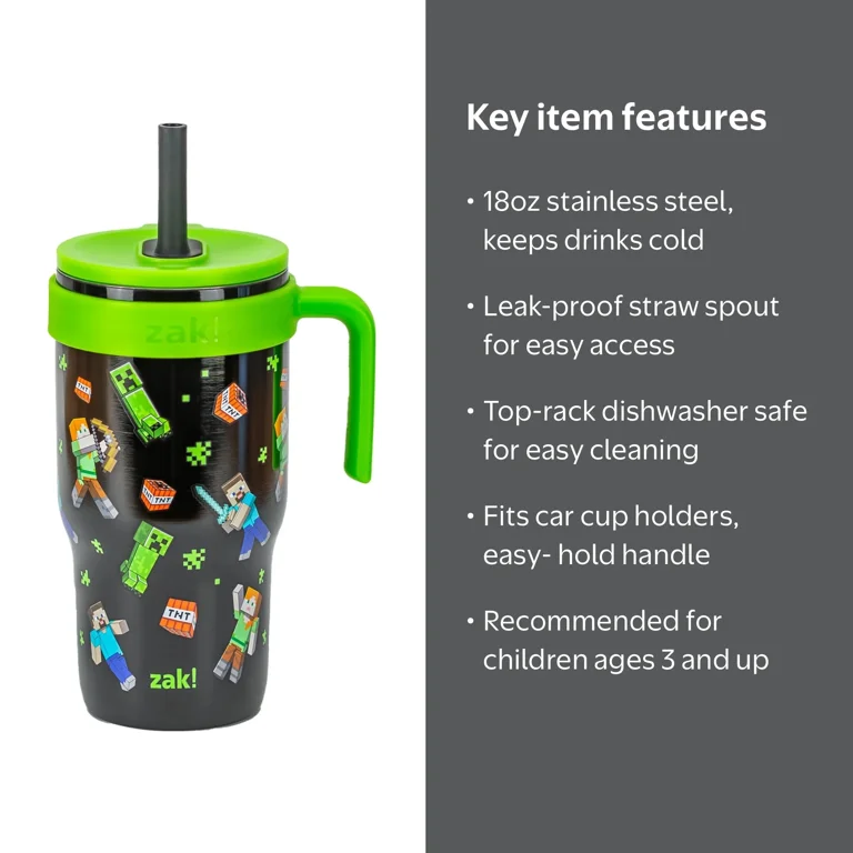 Zak Designs 18oz Minecraft Kids Straw Handle Tumbler - Walmart.com