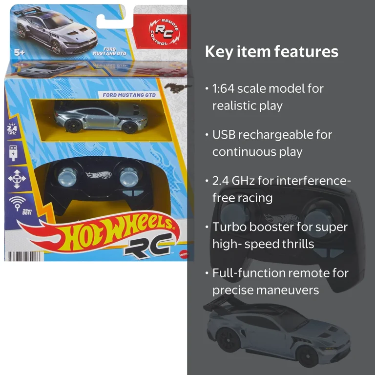 Hot Wheels RC 1:64 Scale Ford Mustang GTD, Battery-Powered Remote