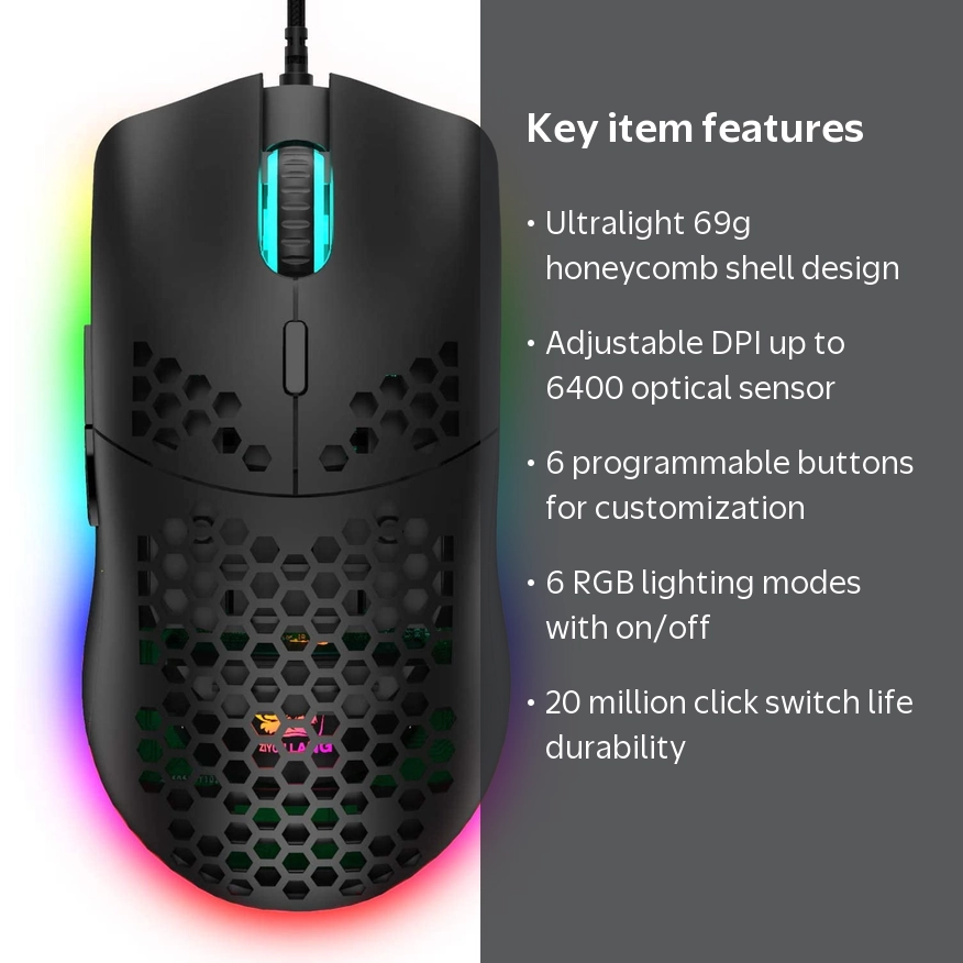 ZIYOULANG Ultralight Wired Gaming Mouse, Lightweight Honeycomb