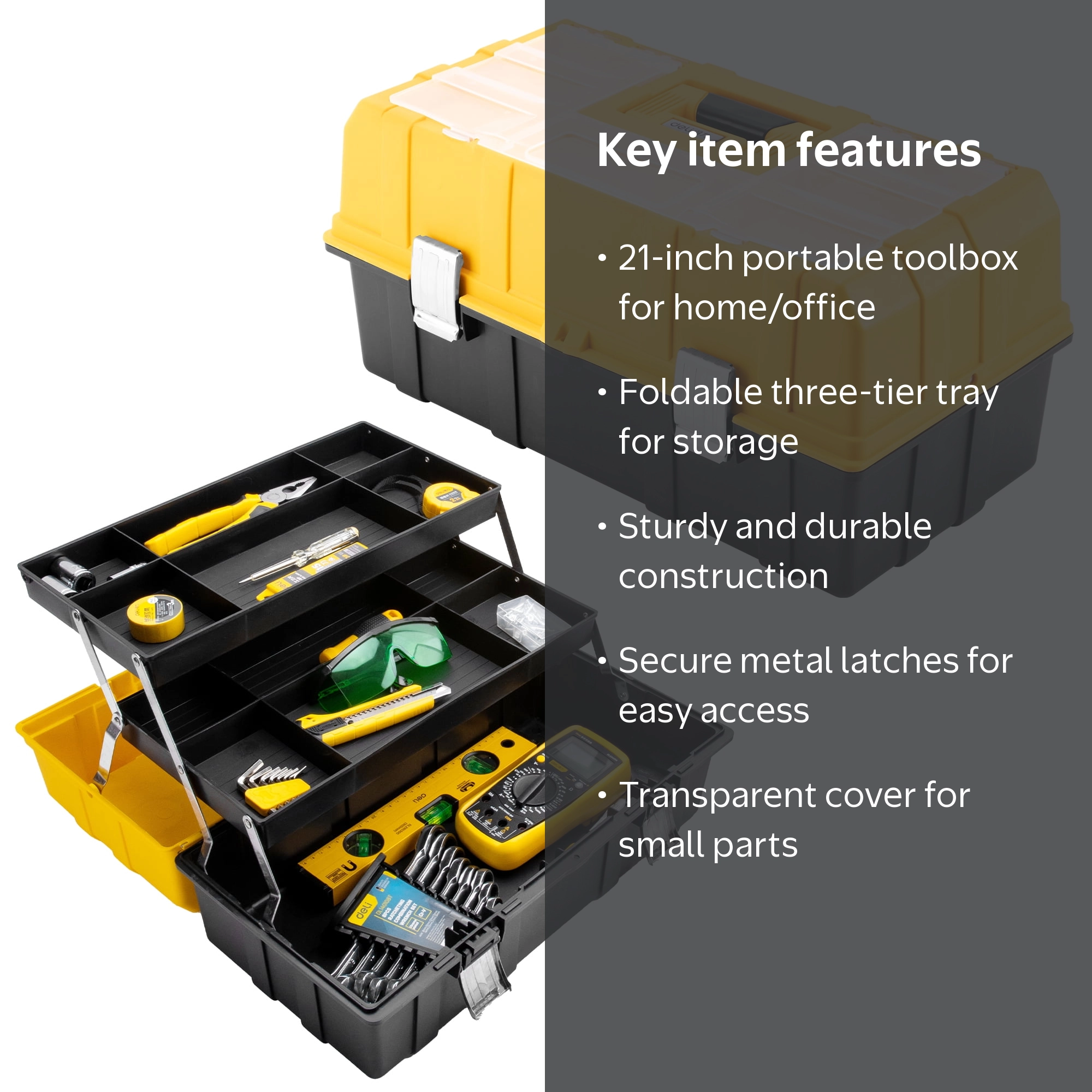 Deli 21-Inch Plastic Toolbox, 3-Tier Storage Organizer with Metal