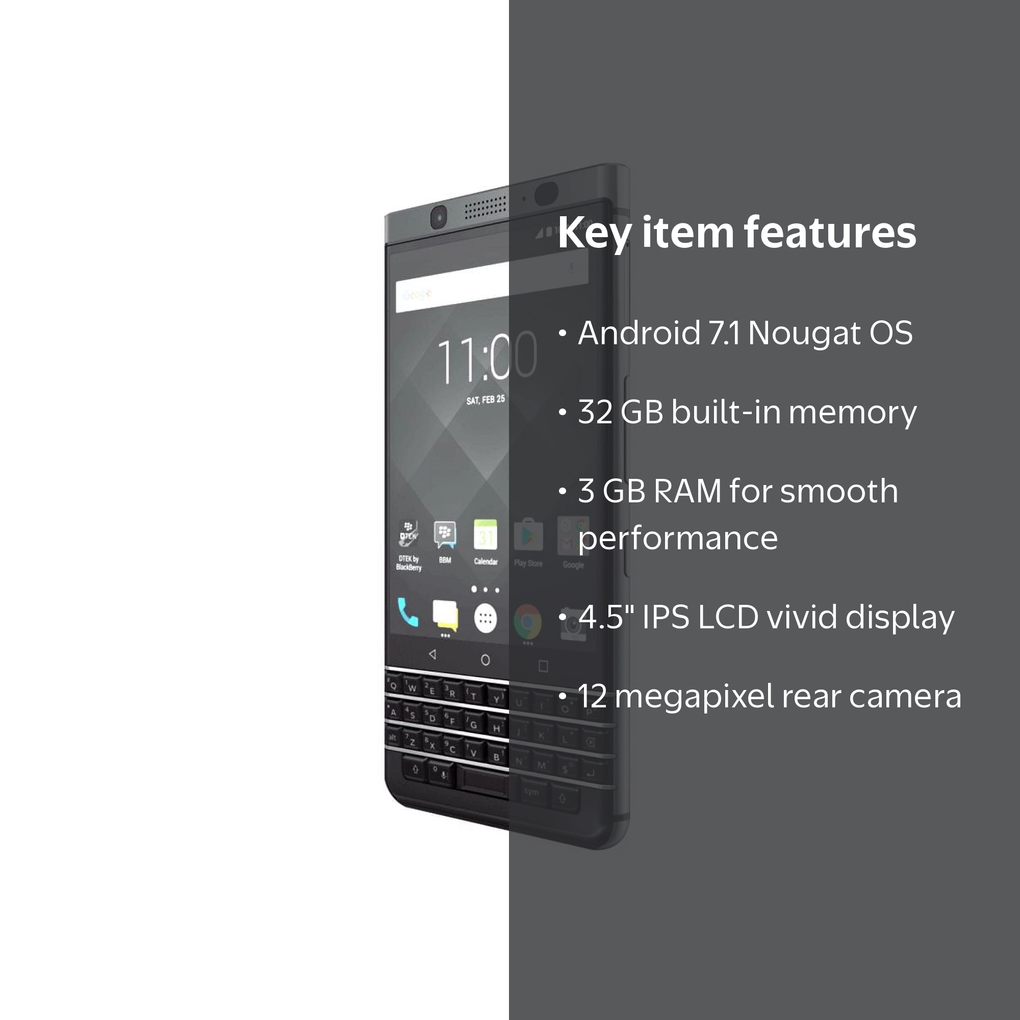 BlackBerry KEYone 4G Phone - Silver, 3GB RAM, 32GB Memory, 12MP
