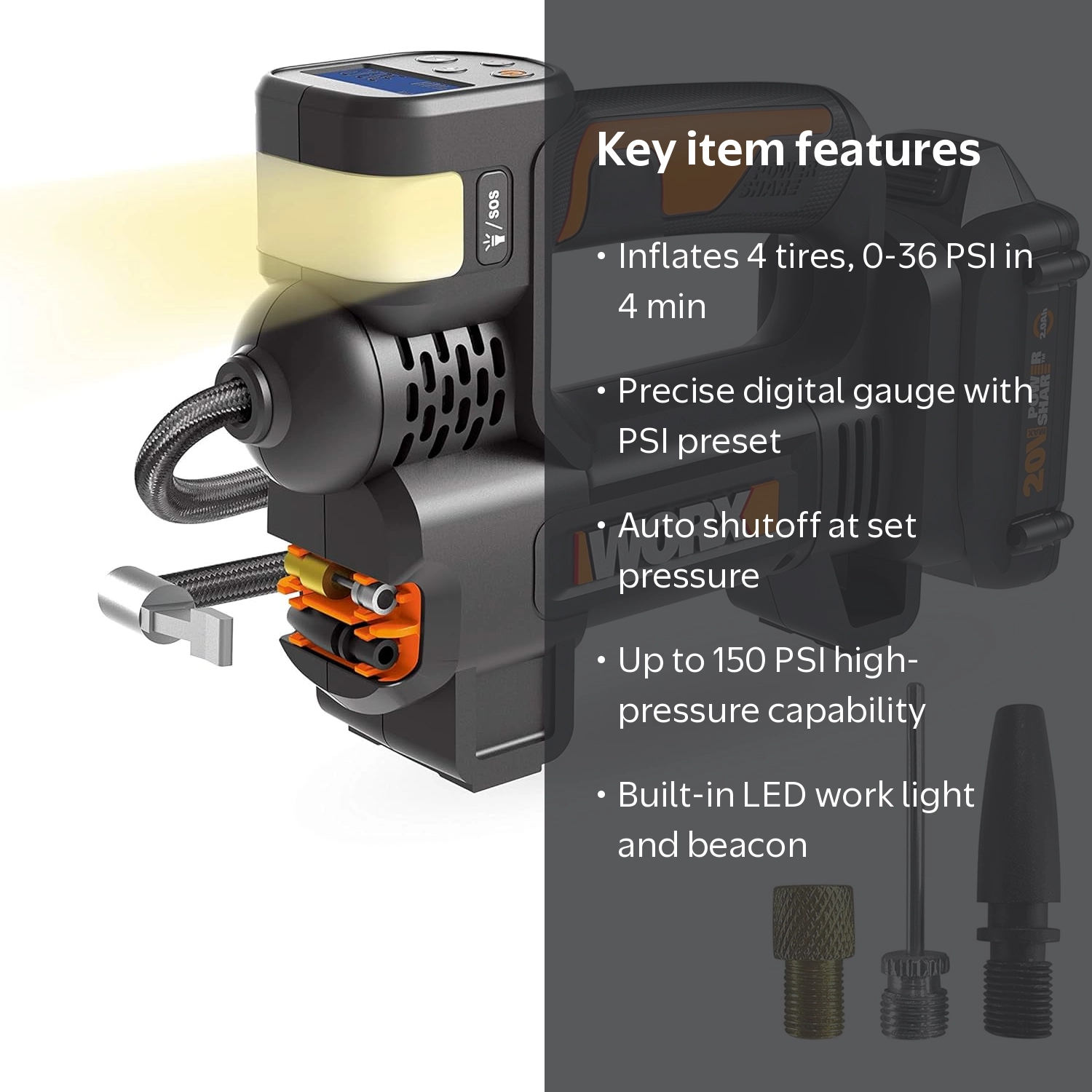 Worx WX092L 20V Power Share Portable Air Pump Inflator, Digital
