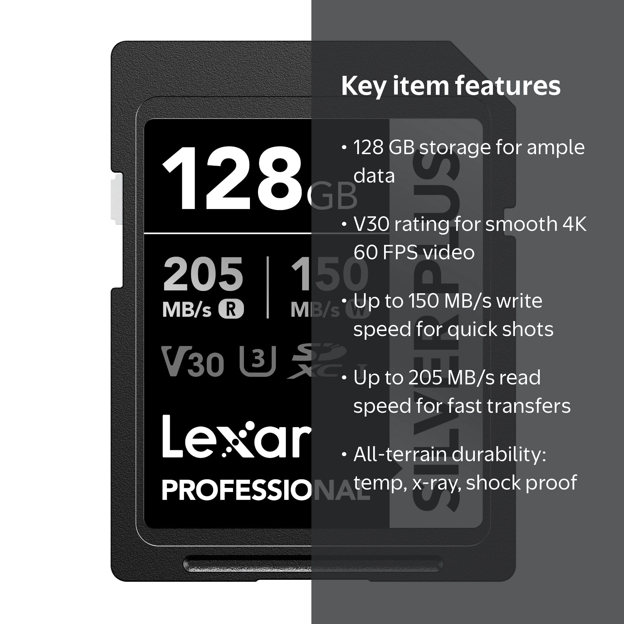 Lexar 128GB SILVER PLUS UHS-I SDXC Memory Card, 205MB/s Read