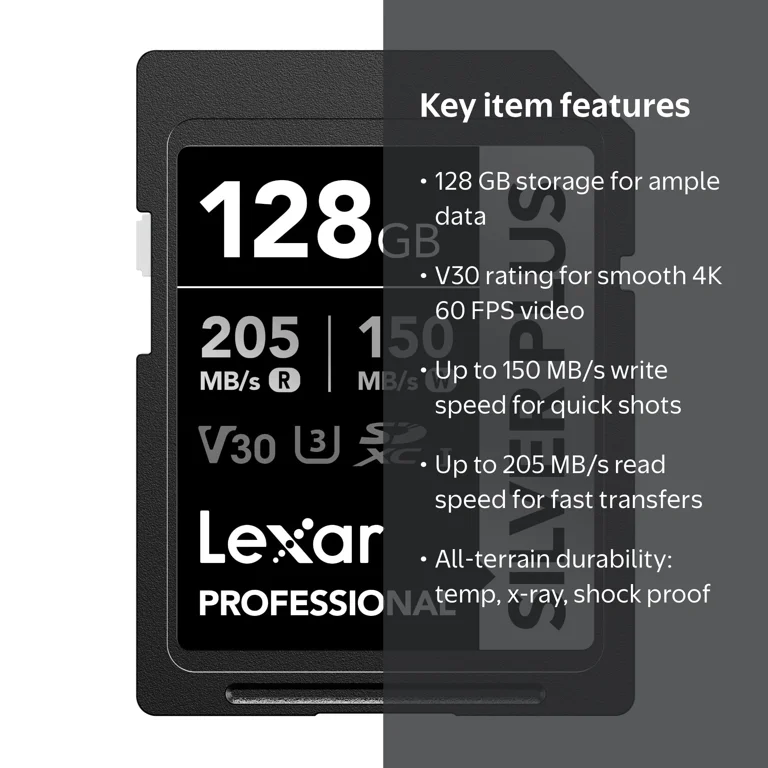Lexar 128GB SILVER PLUS UHS-I SDXC Memory Card, 205MB/s Read