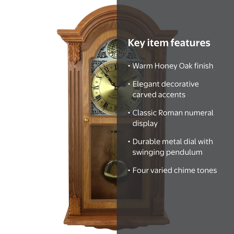 Bedford Honey Oak Chiming Pendulum Wall Clock, Multiple Chime