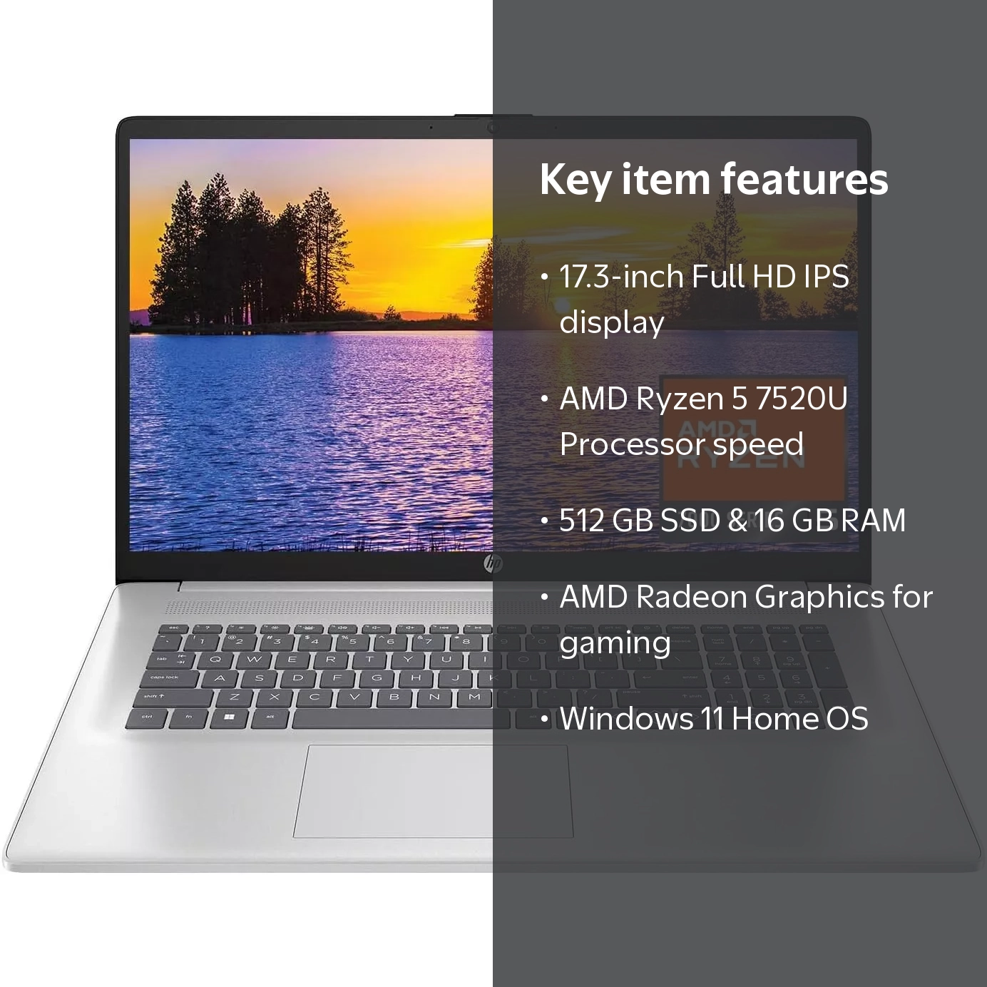 HP 17.3 inch Laptop, FHD Display, AMD Ryzen 5 7520U, 16 GB RAM