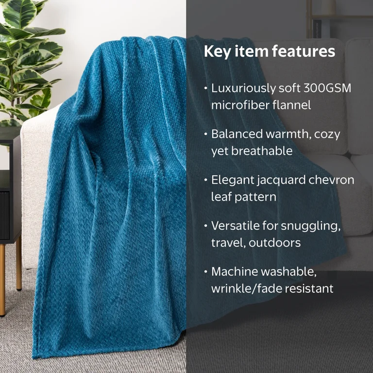 PAVILIA Plush Fleece Throw Blanket, Lightweight, Warm, Cozy, Jacquard Pattern, Teal Blue, 50x60 inch