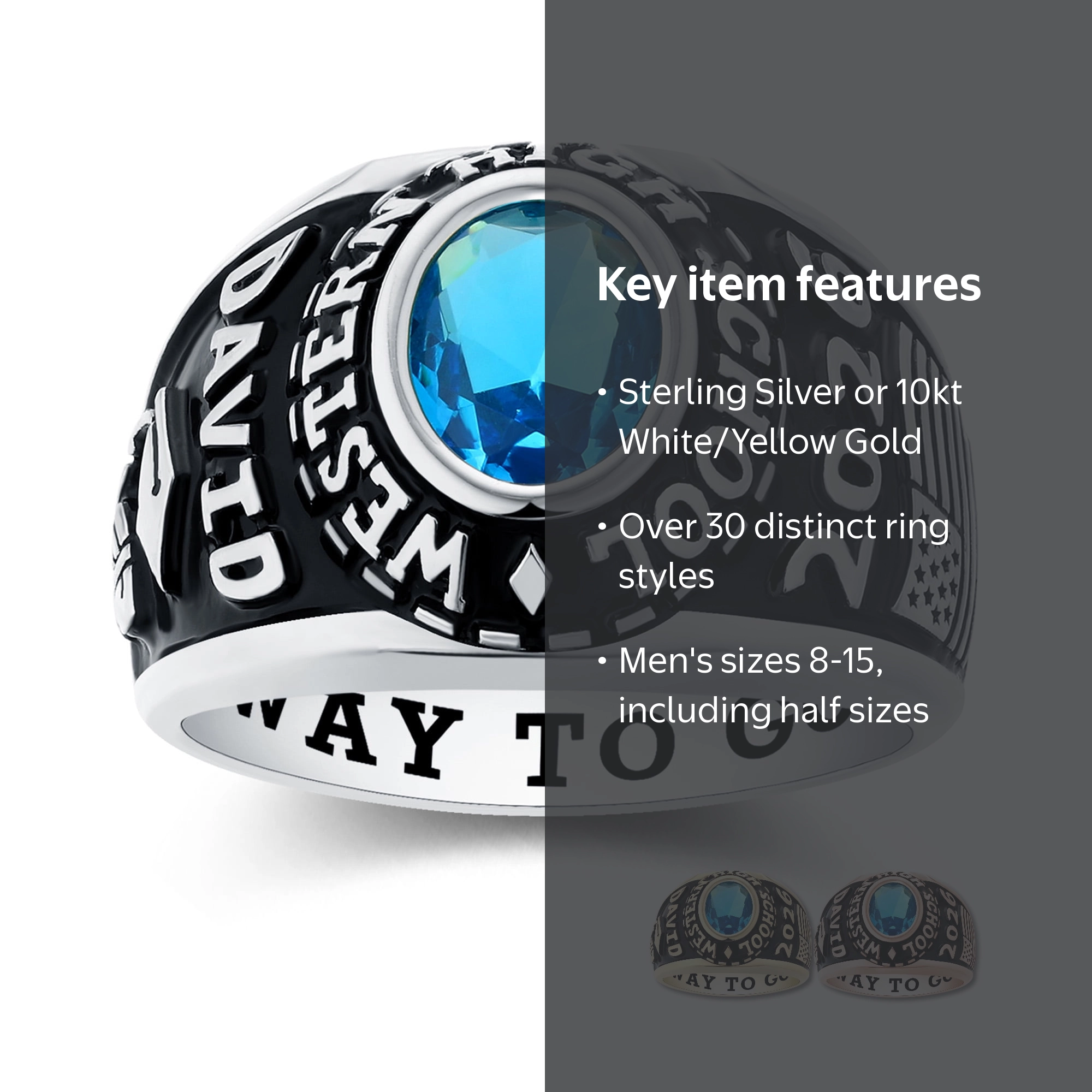 Mementos USA Custom Large Men's Class Rings Sterling Silver for