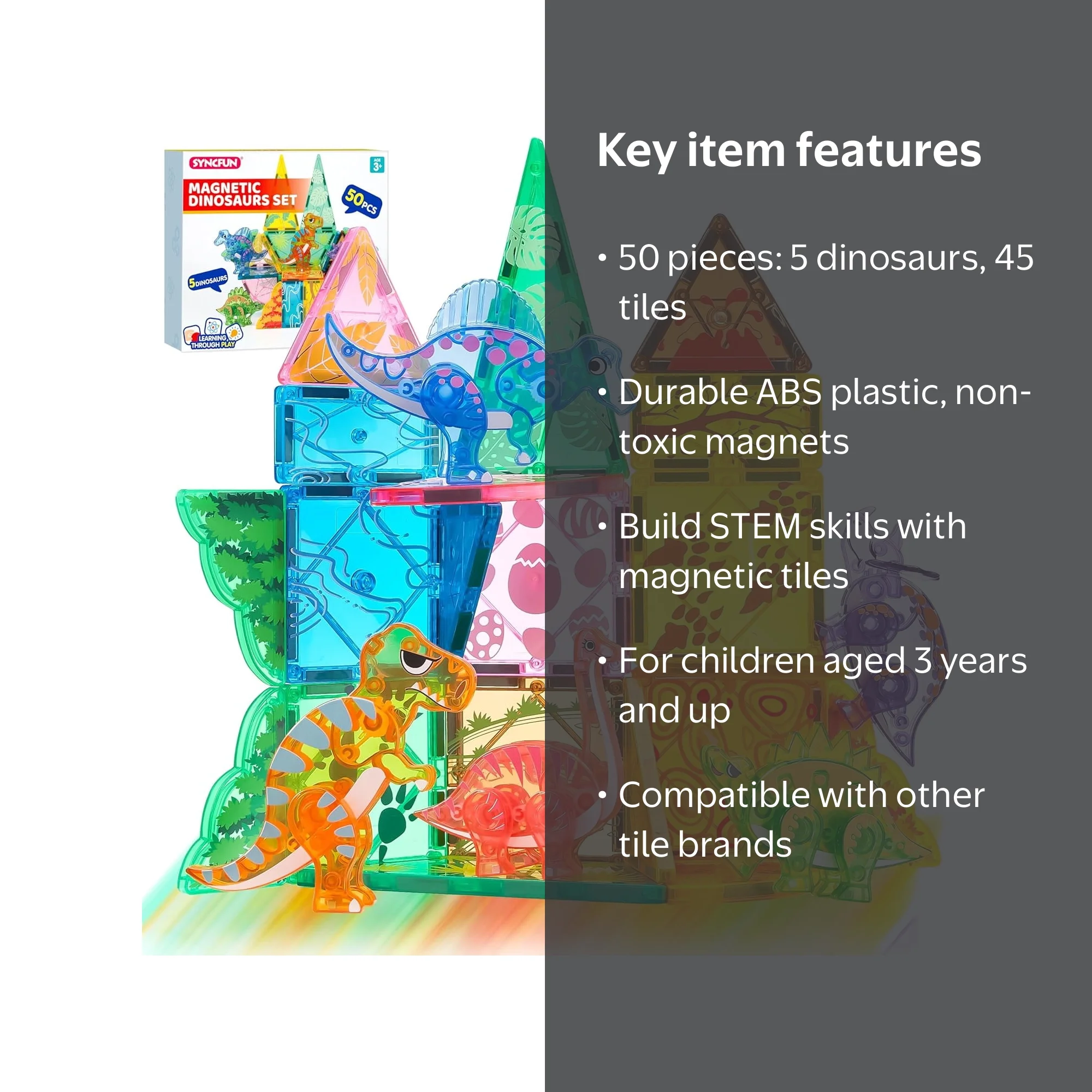 Joyfy 50PCS Dinosaur Magnetic STEM Building Tiles Set for Kids