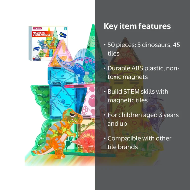 Joyfy 50PCS Dinosaur Magnetic STEM Building Tiles Set for Kids