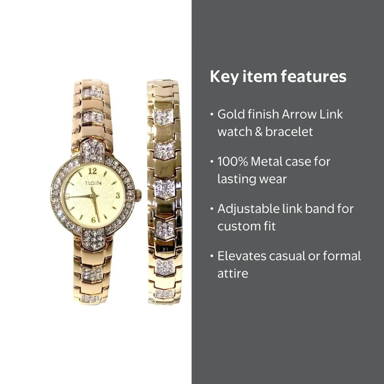 Elgin Adult Female Analog Watch Set with Arrow Link Design in Gold
