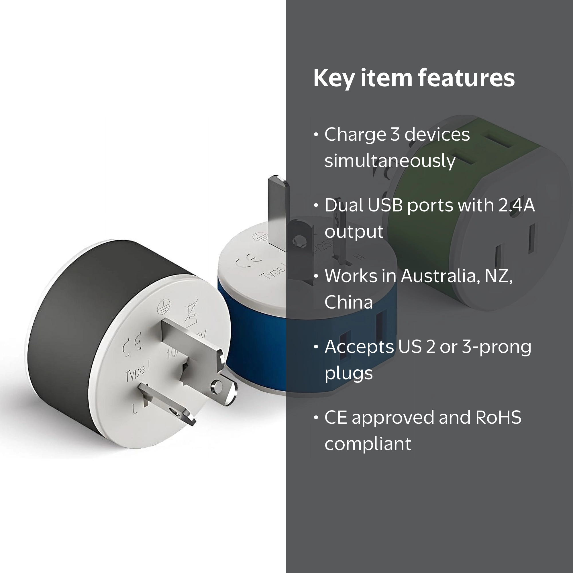OREI Australia, New Zealand, China Travel Plug Adapter - 2 USA
