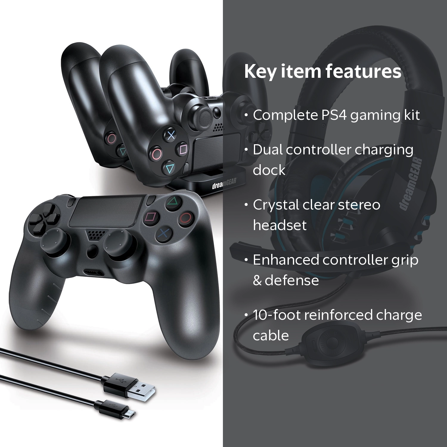 dreamGEAR PS4 Gamer's Kit - Headset, Dual Charging Dock, USB Cable