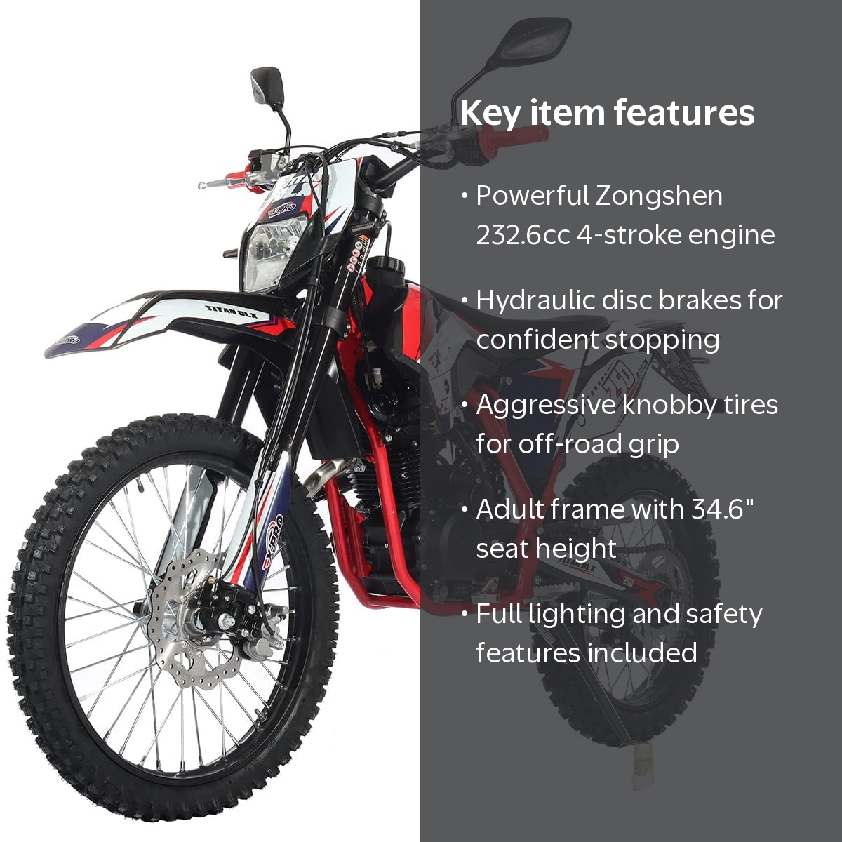 X-Pro Adult Gas Dirt Bike 250cc Titan Dlx, Chinese Powered with