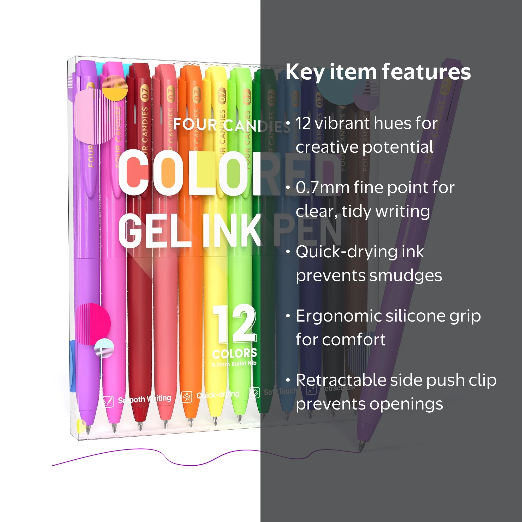 Four Candies Quick Dry Ink Colored Pens Set, 12 Colors Retractable