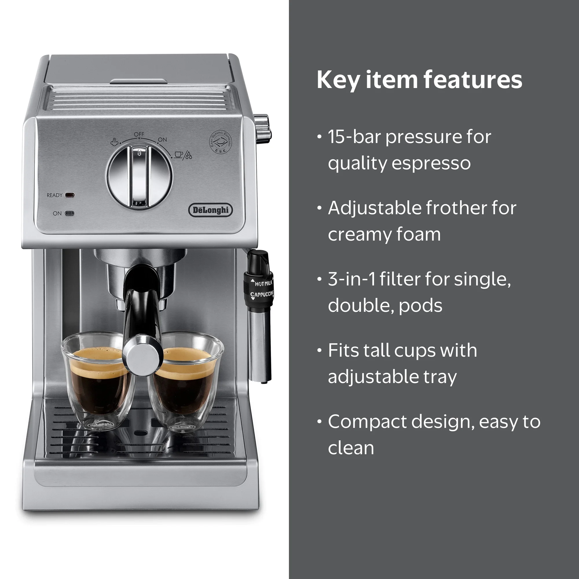 De'Longhi, Espresso and Cappuccino Machine, 15 Bar, Stainless