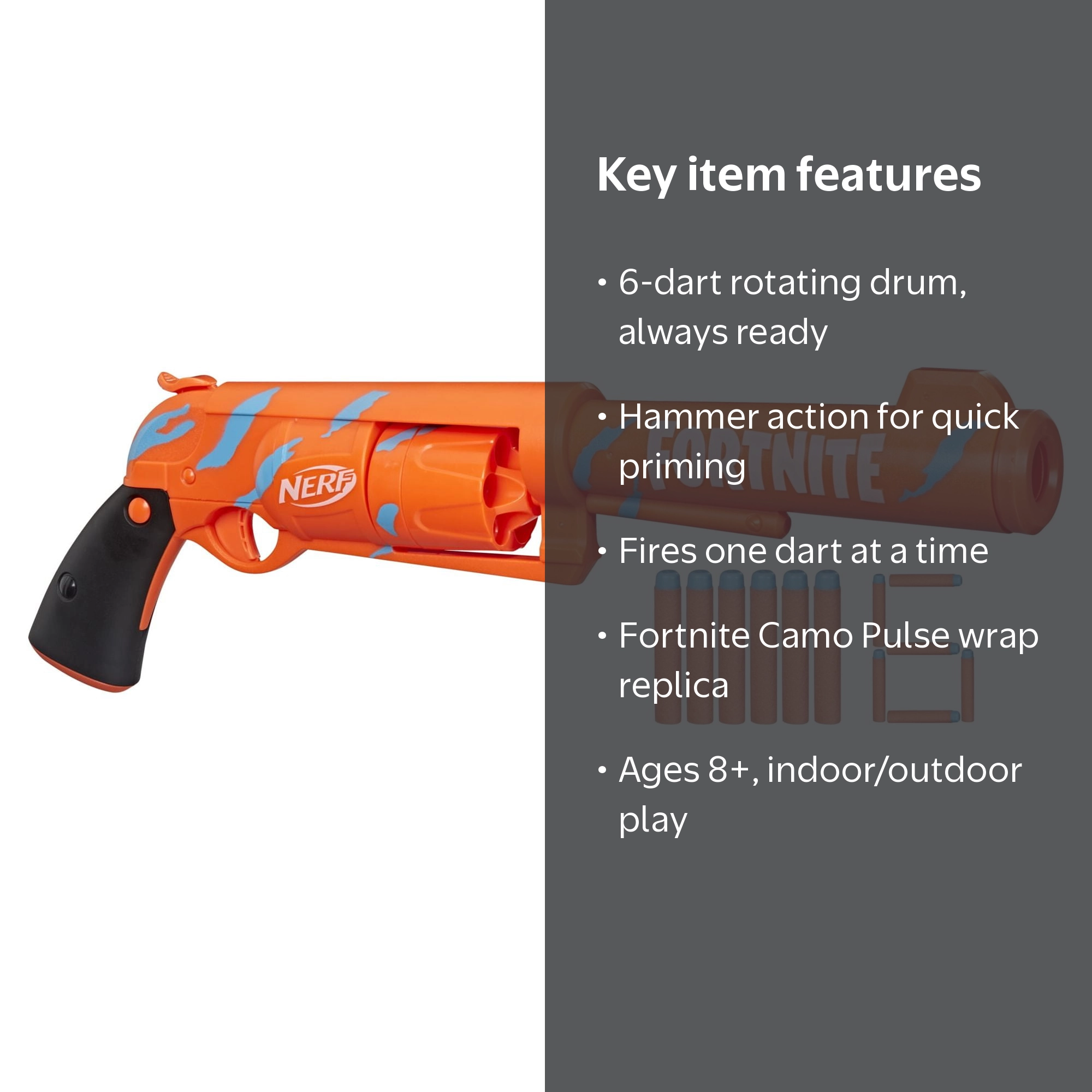 Nerf Fortnite Dart Blaster, 6 SH Rotating Drum with 6 Elite Darts