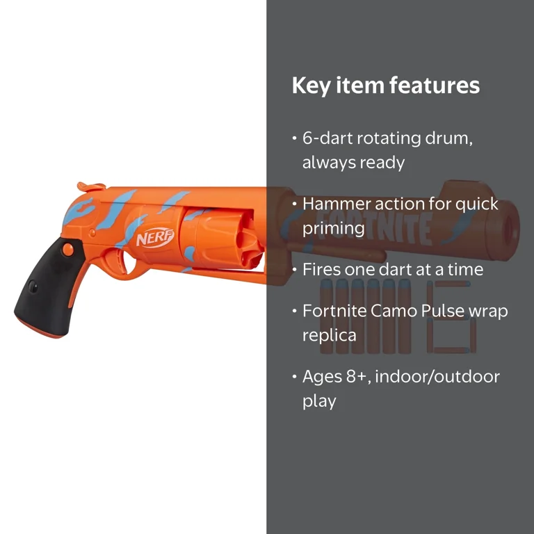 Nerf Fortnite Dart Blaster, 6 SH Rotating Drum with 6 Elite Darts