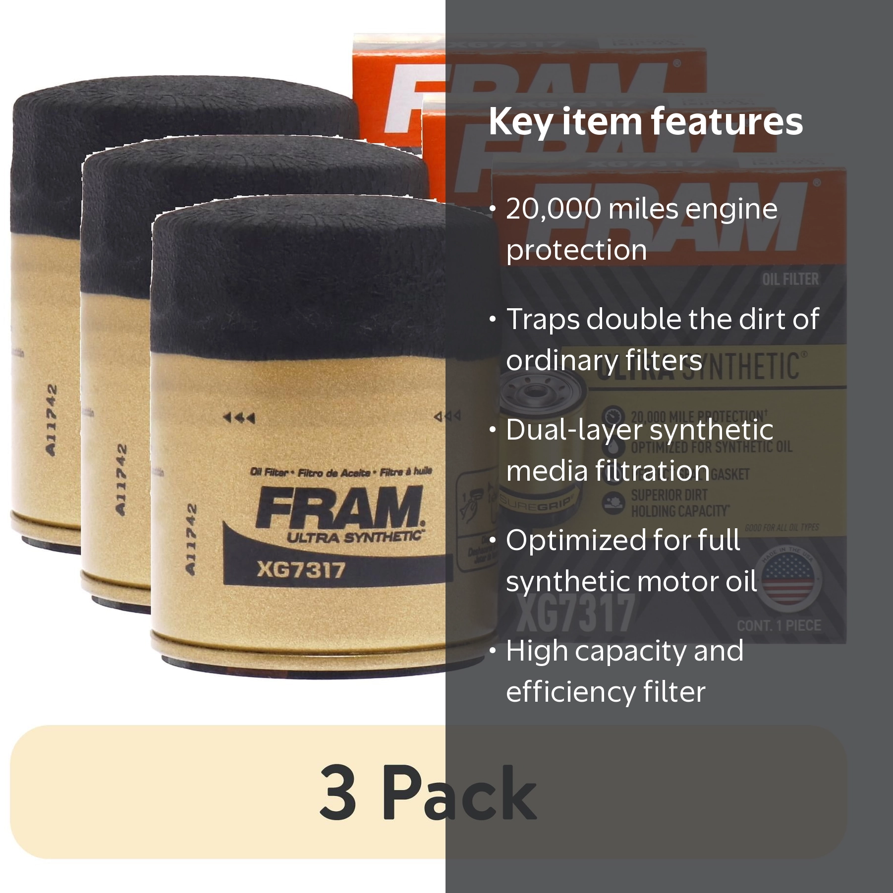 3 pack) FRAM Ultra Synthetic Oil Filter, XG7317, 20K mile