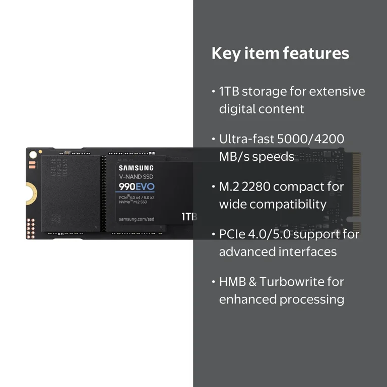 Samsung 990 EVO 1TB PCIe 5.0 NVMe SSD Fast Efficient Black