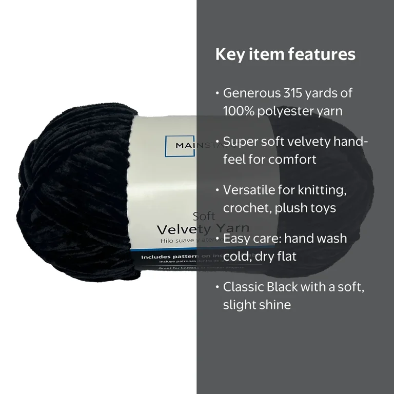 Mainstays Soft Velvety Yarn, 315 yd, 100% Polyester, Black for