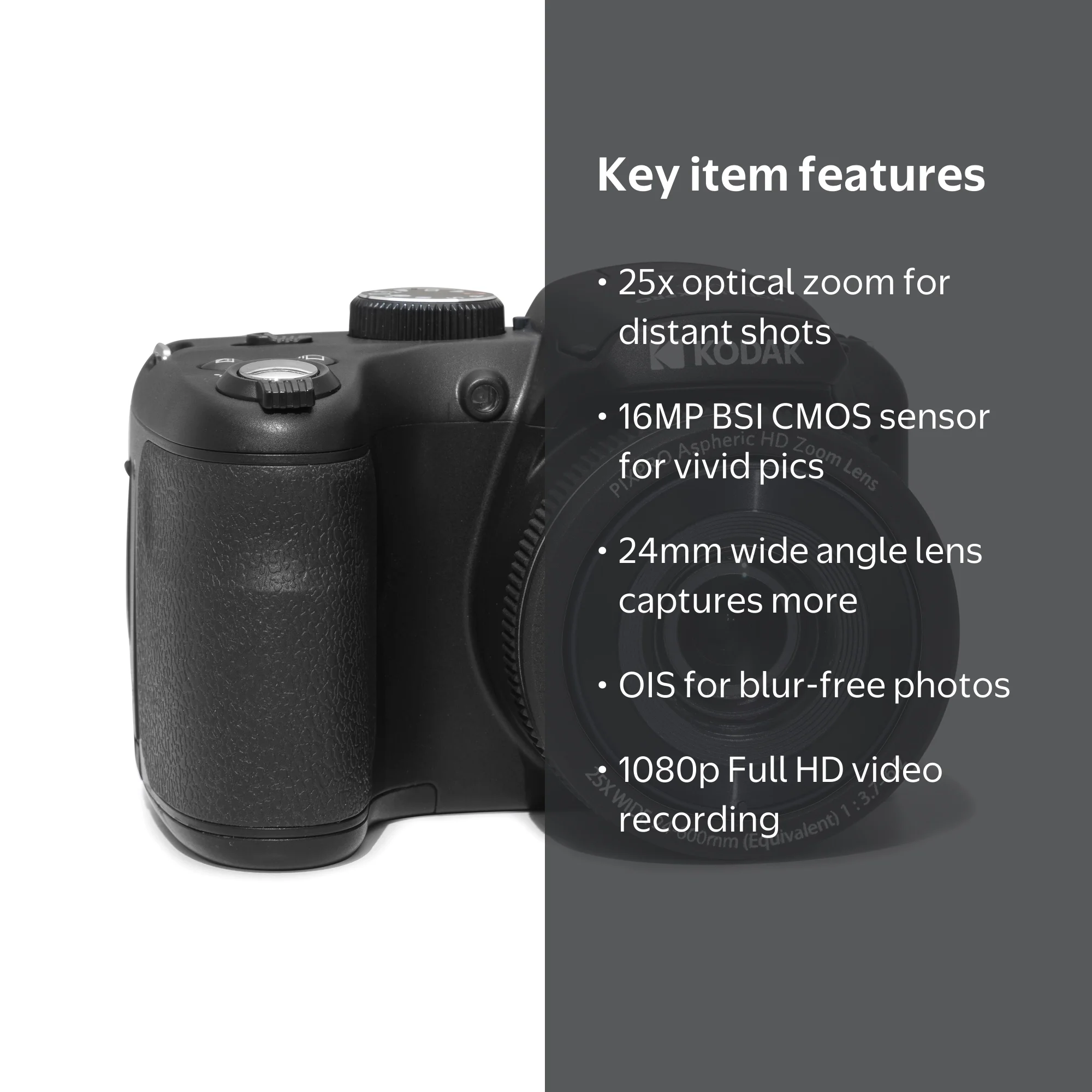 Kodak AZ255-BK Digital Camera, 25x Optical Zoom, 16MP, Full HD