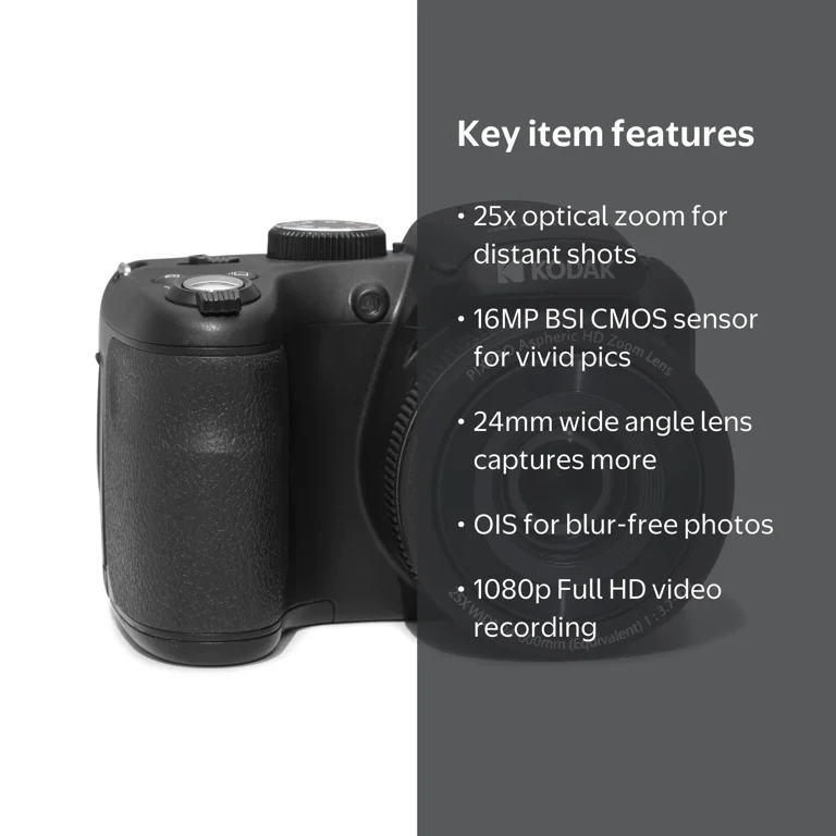 Kodak AZ255-BK Digital Camera, 25x Optical Zoom, 16MP, Full HD