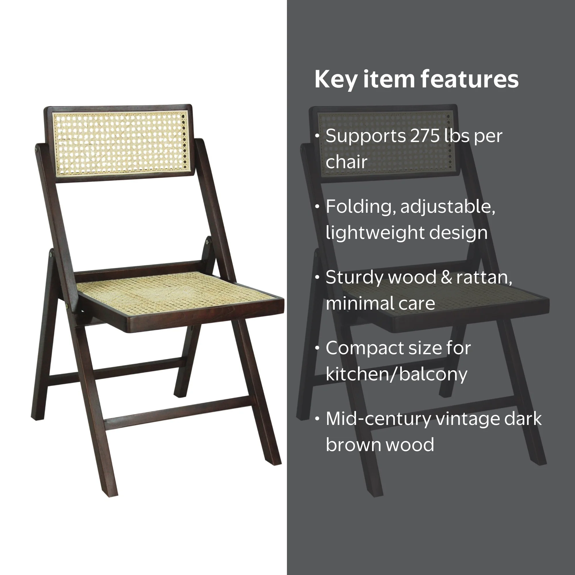 Theo Mid-Century Vintage Wood Rattan Folding Chair with Adjustable