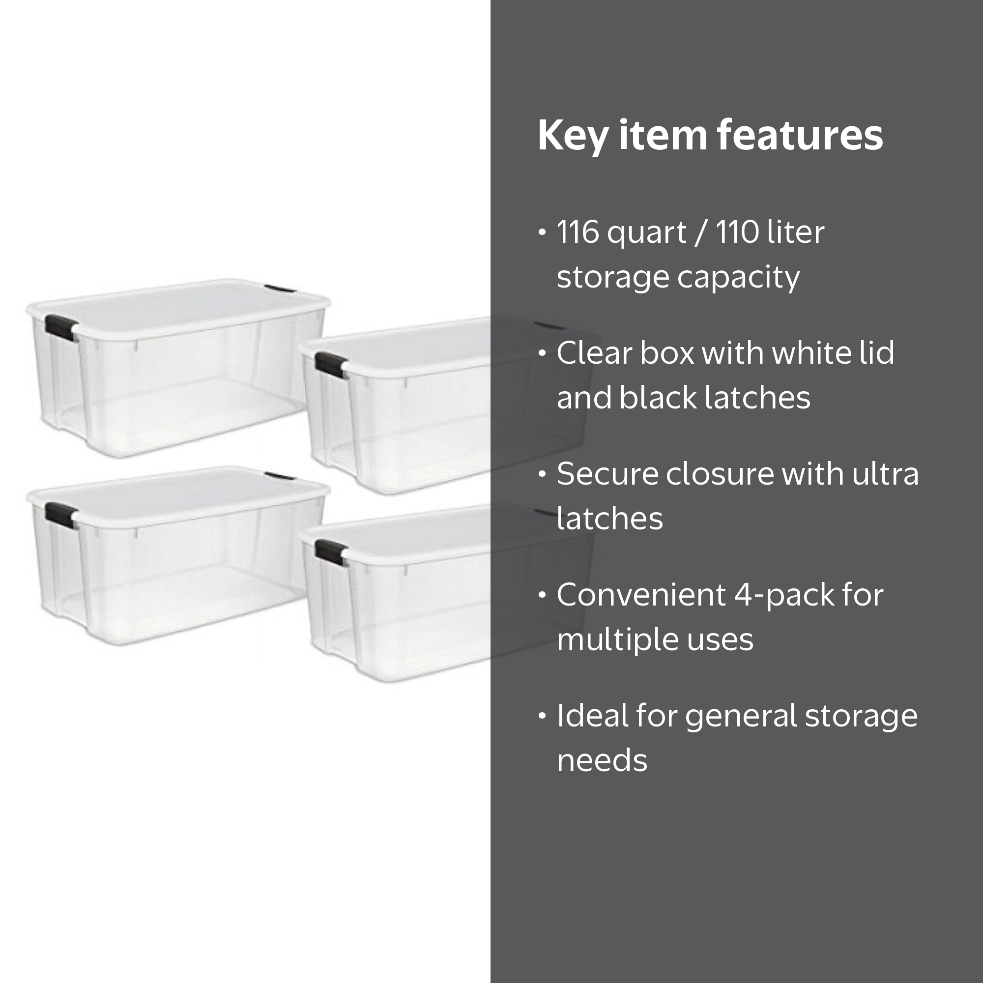 Sterilite 19909804 Ultra Latch Box, 116 Quart/110 Liter, Clear