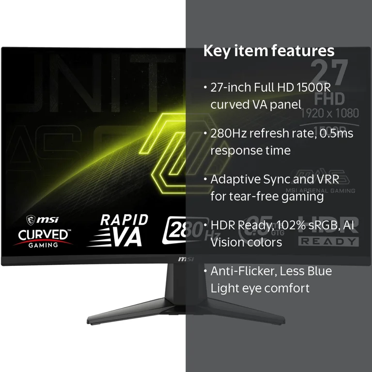 MSI, Curved Gaming Monitor, 27 inch, 280Hz, Silver - Walmart.com