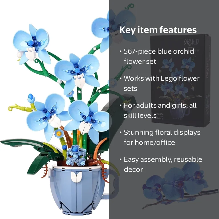 GZBrick Blue Orchid Flowers Building Set Home Decor for Adults