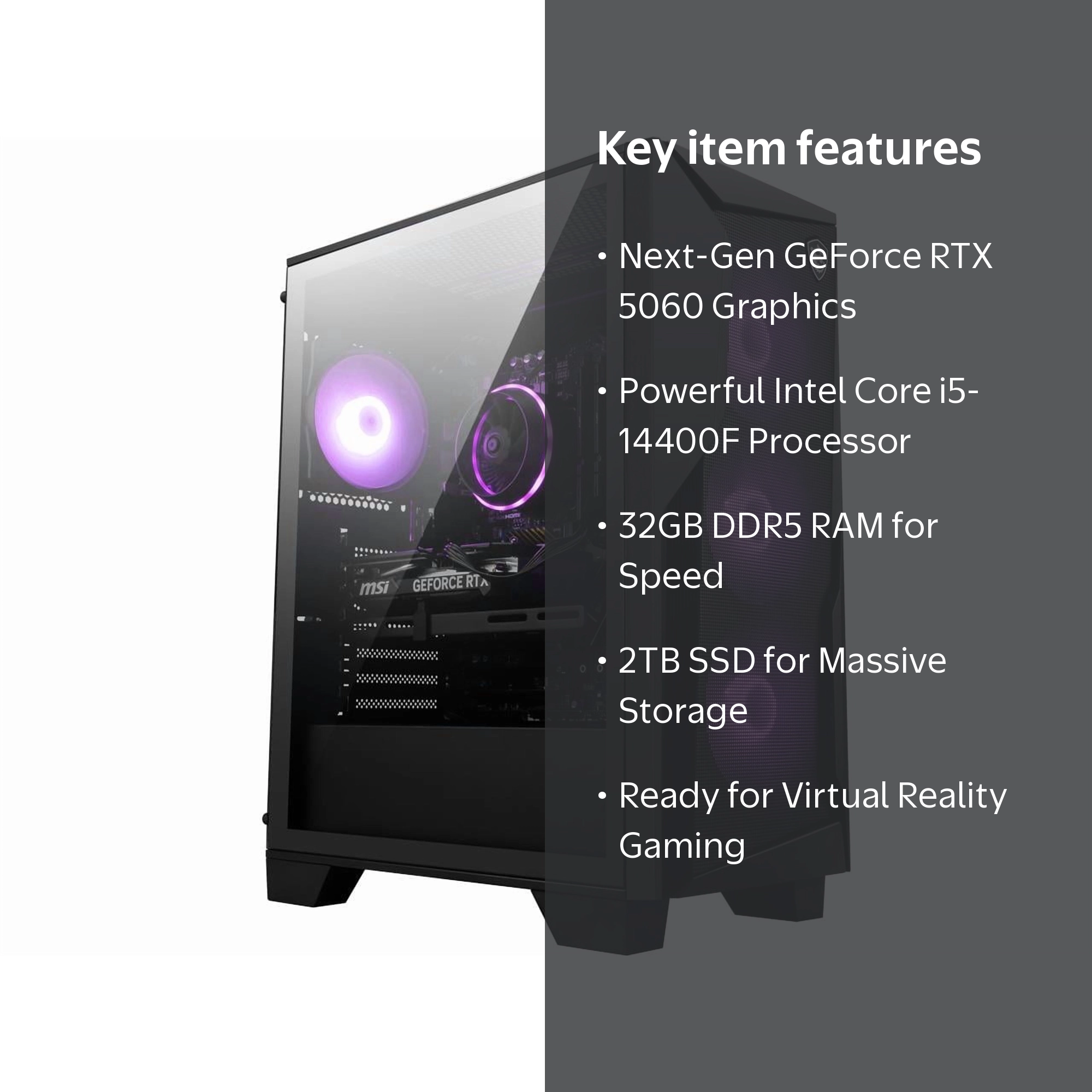 MSI, Gaming Desktop PC, Intel Core i5-14400F, 32GB DDR5, 2TB SSD