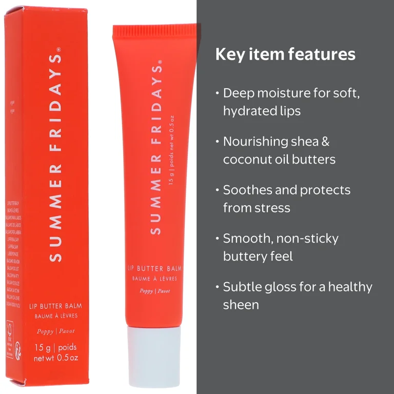 Summer Fridays Lip Butter Balm Poppy, 0.5 oz nourishing and