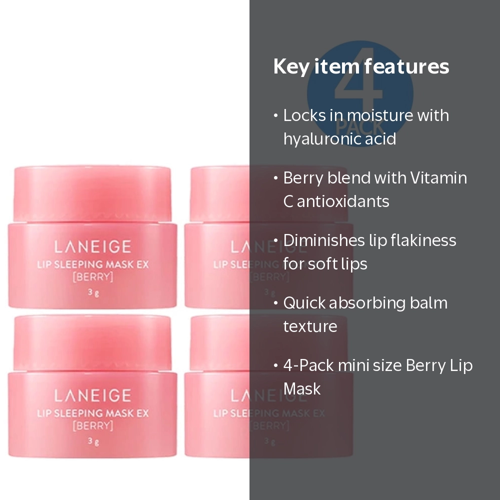 Laneige Lip Sleeping Mask EX Berry 3g, 4-Pack Mini Size, Hydrating
