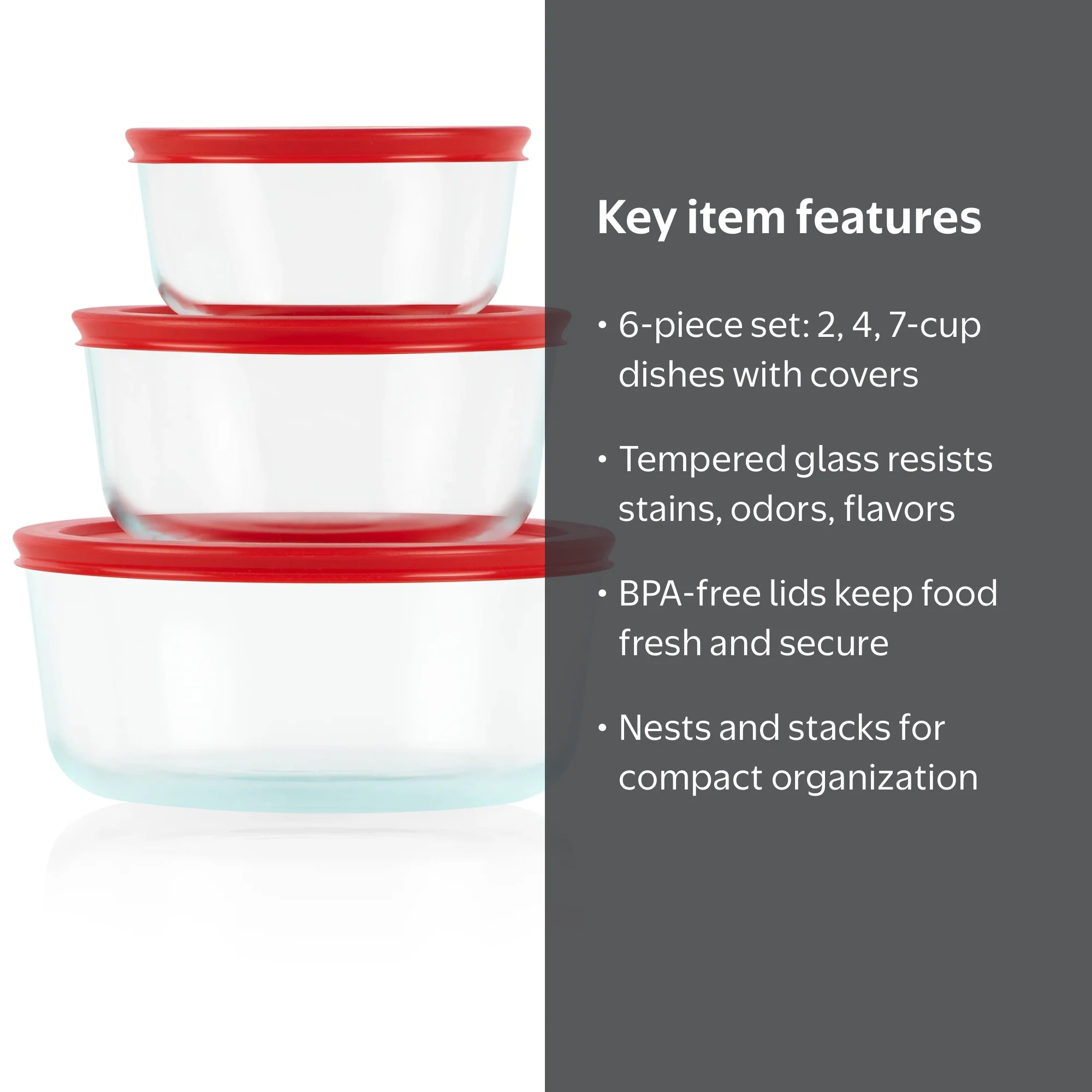 Pyrex, Glass Storage Set, 6pc, With Red Covers, Microwave Safe