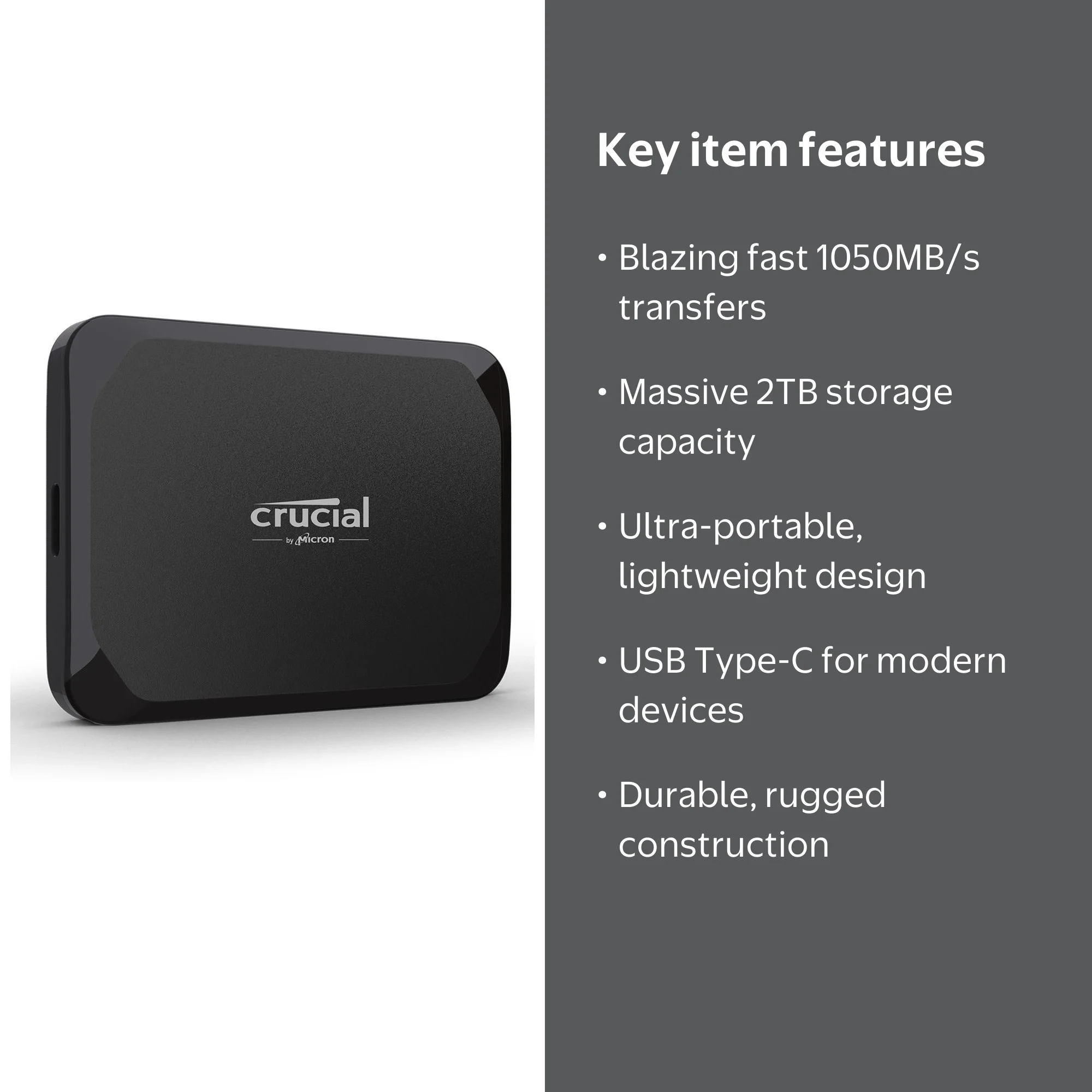 Crucial X9 2TB Portable SSD - Up to 1050MB/s Read - PC and Mac