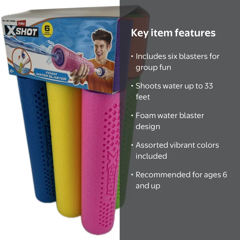ZURU X Shot Foam Water Blasters, 6 Pack, Shoots 33 Feet, Assorted
