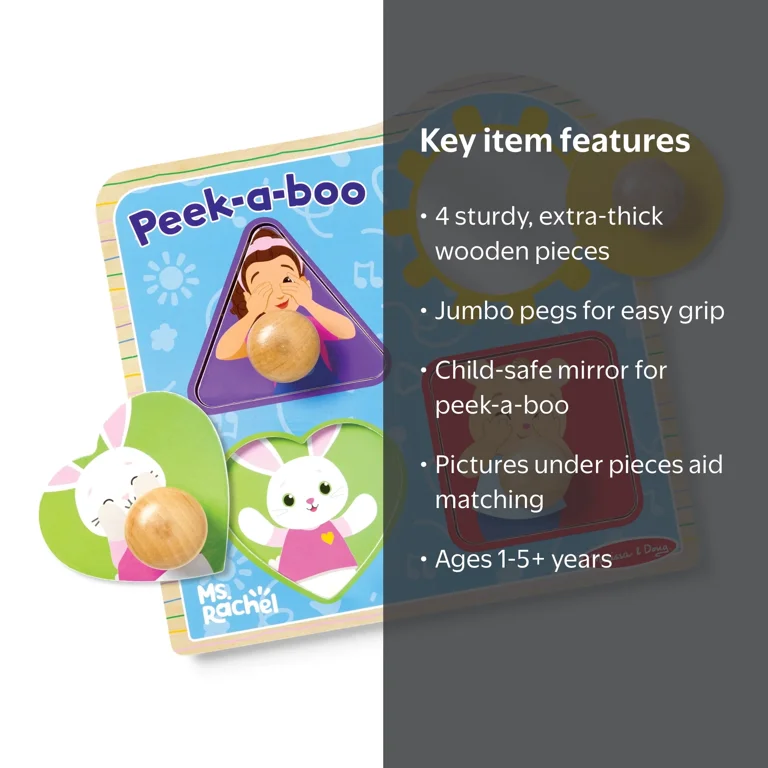 Ms. Rachel Wooden Peek-a-Boo Jumbo Peg Puzzle, 4-Piece Toddler Toy