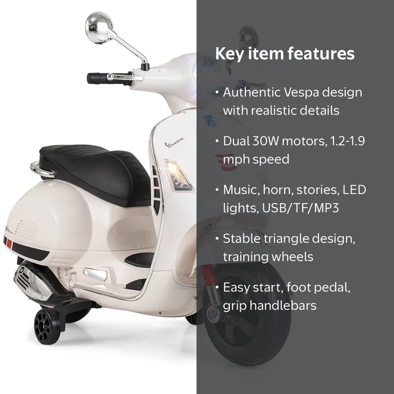 Costway, Licensed VESPA Kids Electric Motorcycle, 12V White