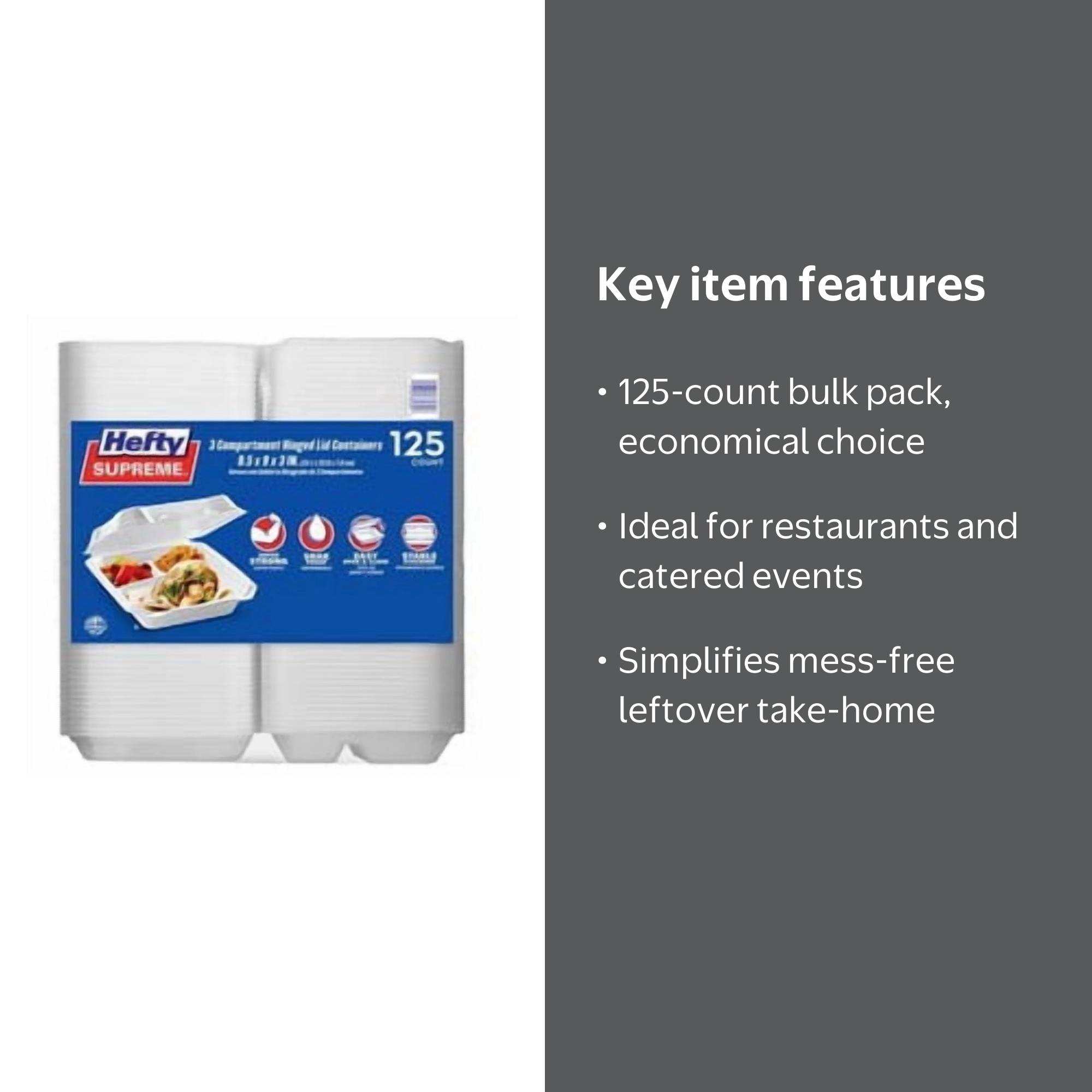 Hefty, Foam 3 Compartment HLC Containers, 125 ct, Hinged Lid